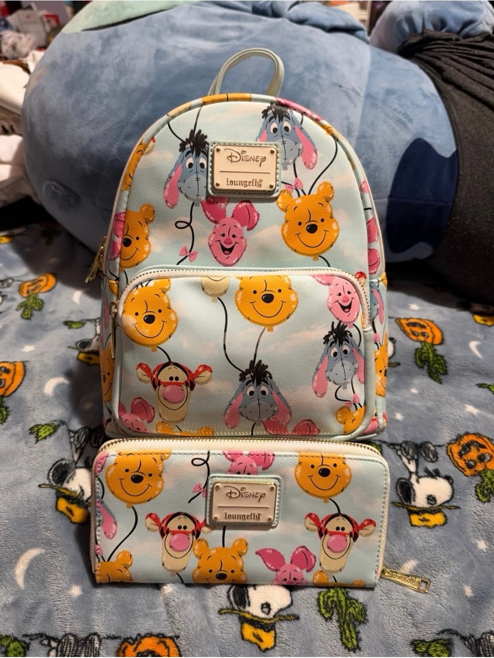 Loungefly Light Blue Winnie the Pooh Characters Backpack and Wallet Set